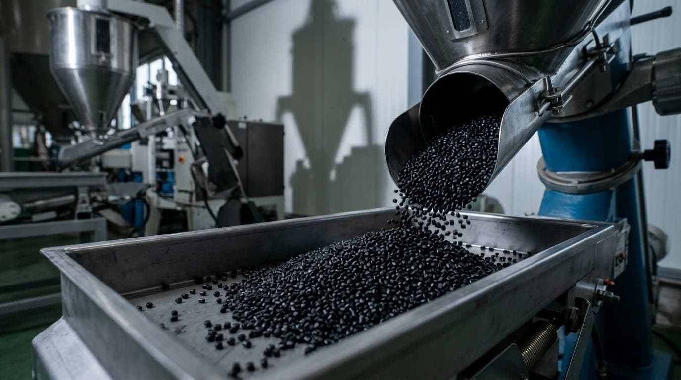 Black masterbatch pellets pouring onto an industrial surface