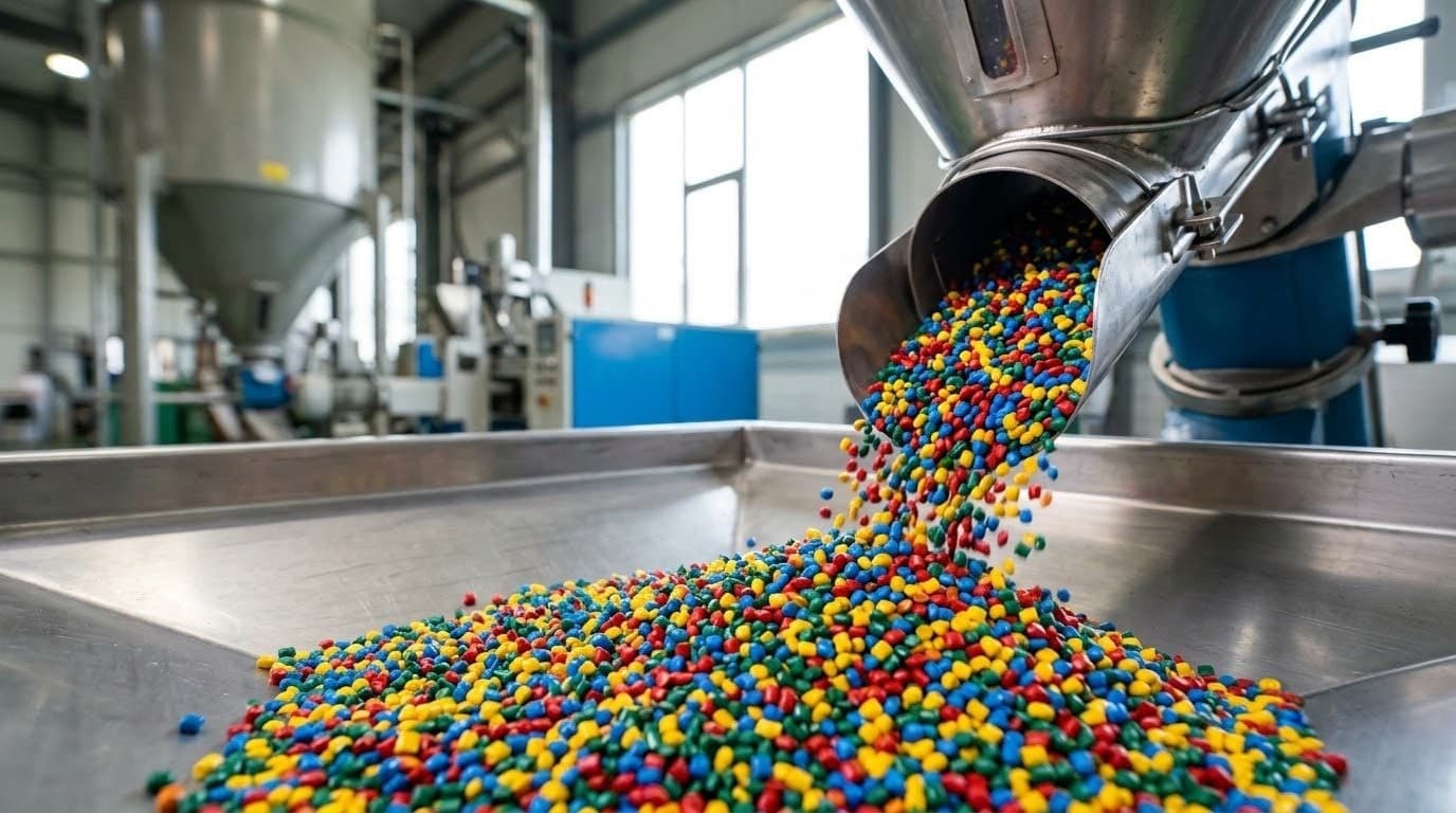 A cone of vivid coloured masterbatch pellets